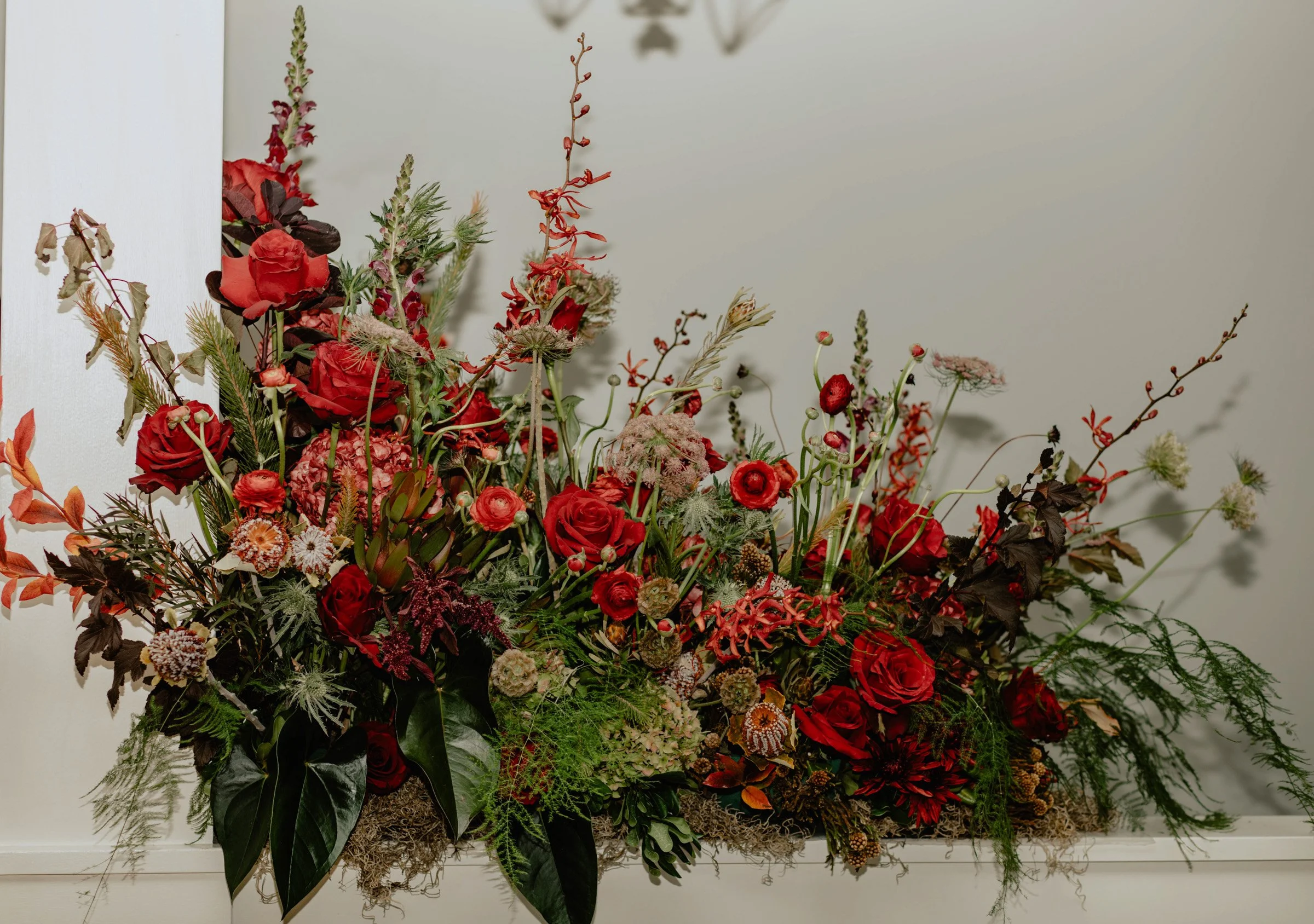 Moody floral arrangement for a Halloween weekend wedding in Seattle