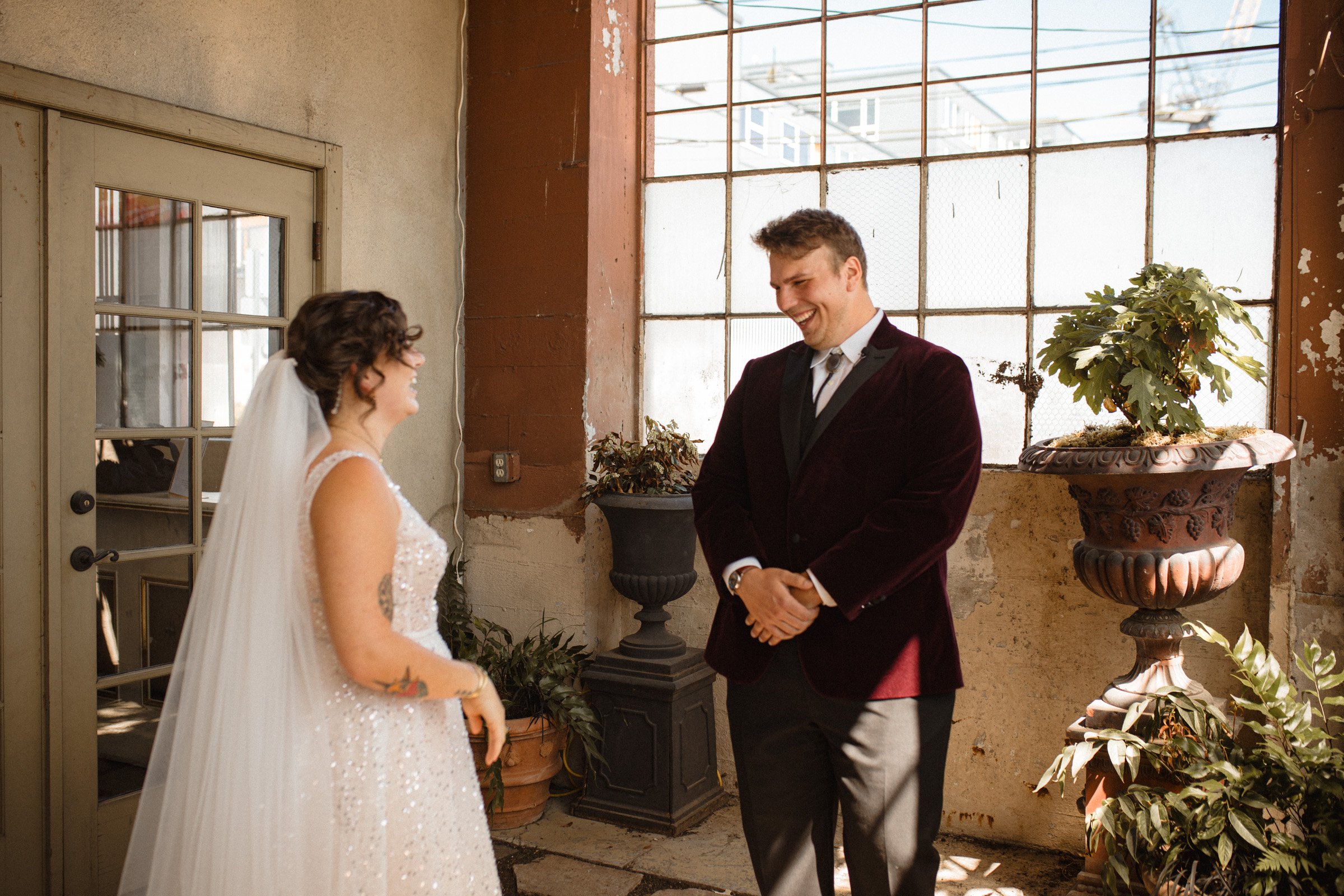 Bride and grooms first look at The Ruins, Queen Anne, Seattle