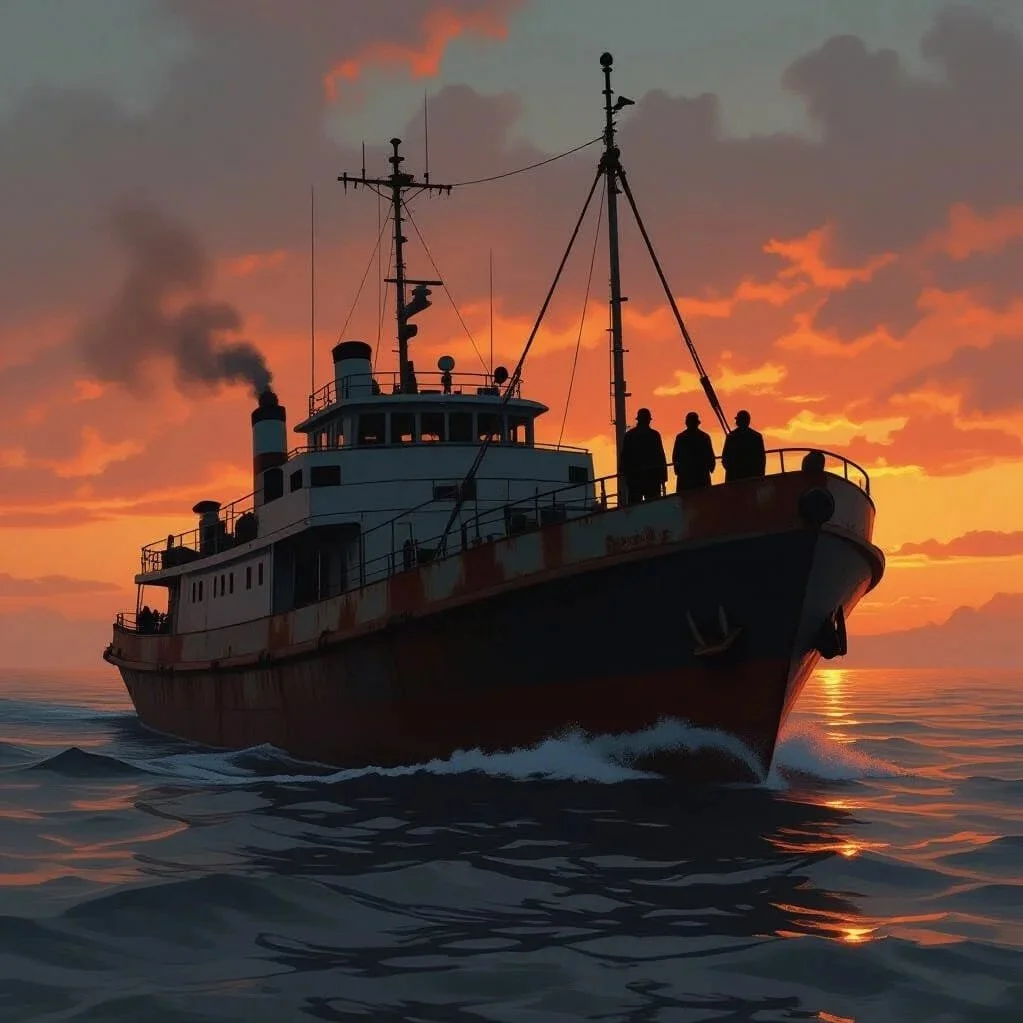 A large ship sailing on the ocean during sunset with three silhouetted people standing on the bow as purple and orange clouds fill the sky.