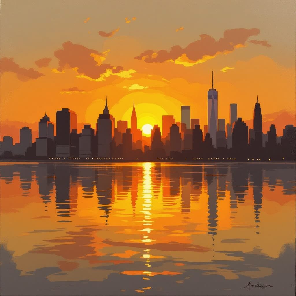 Painting of a city skyline during sunset with tall buildings and the sun setting behind them, reflecting on the water below.