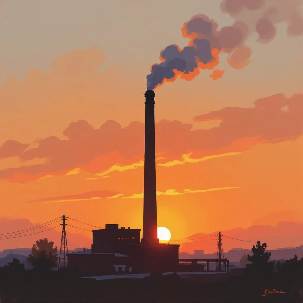 A factory chimney releasing smoke at sunset, with the sun visible near the base of the chimney and silhouetted buildings and power lines in the foreground.