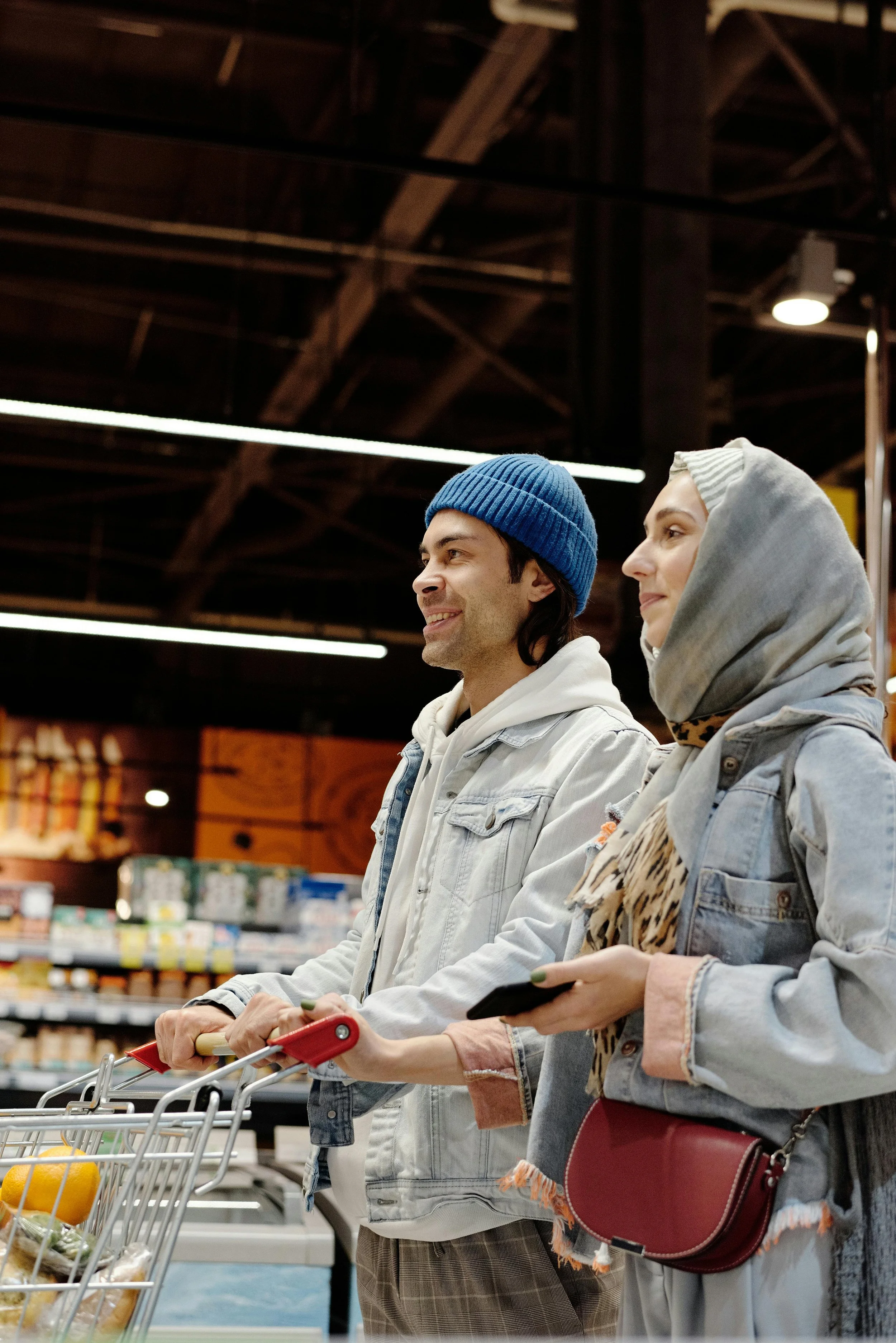 two people holding a grocery cart
