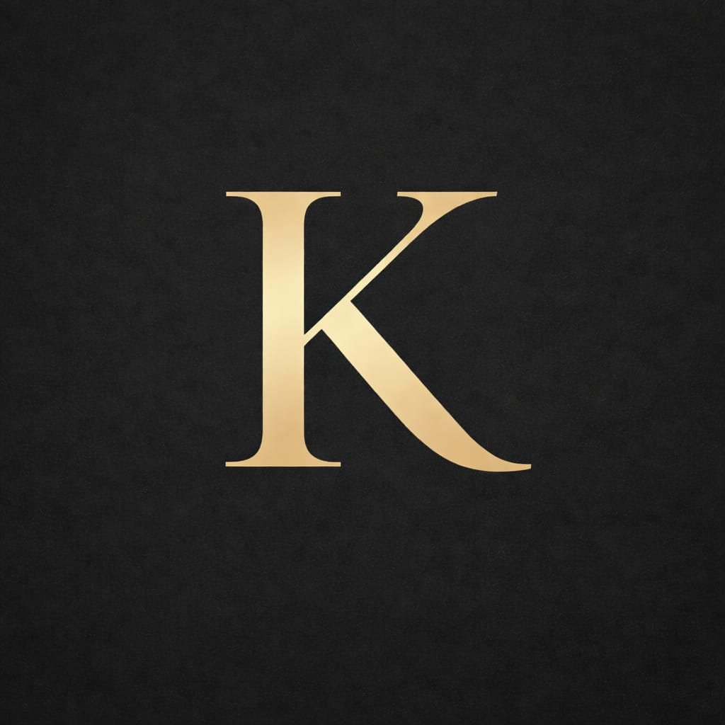 A large gold letter K on a black background.