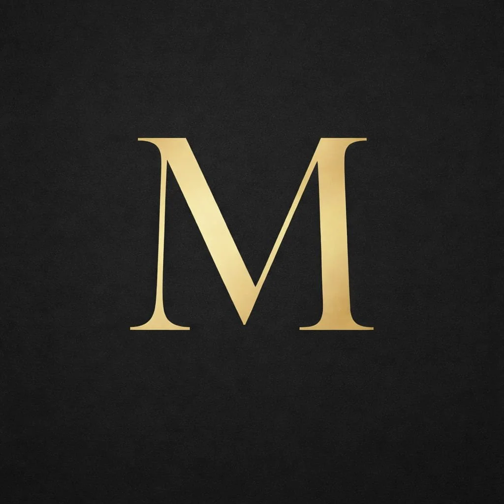 A large gold letter 'M' on a black background.