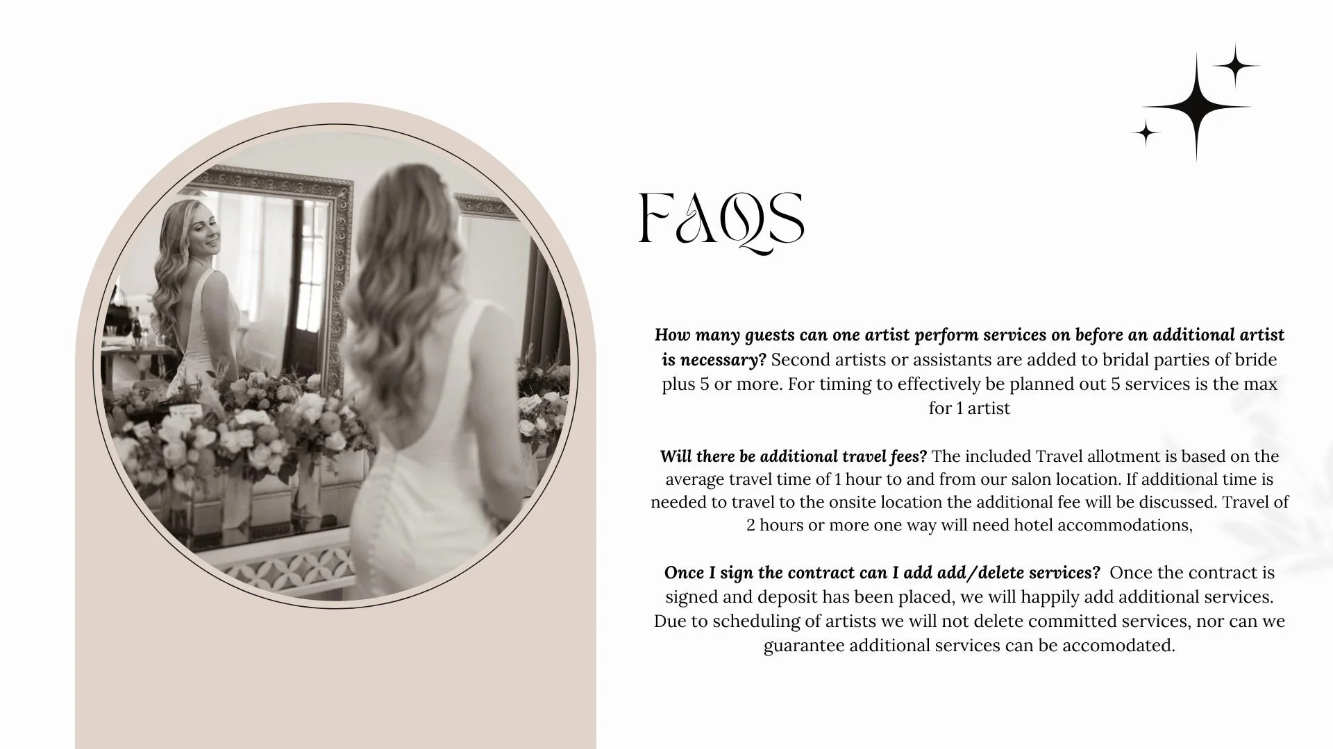 A black and white photograph of a woman in a wedding dress looking at herself in a mirror, surrounded by floral arrangements, inside a well-lit room.
