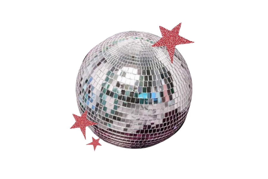 Disco ball with reflective mosaic surface decorated with three pink glittery stars.