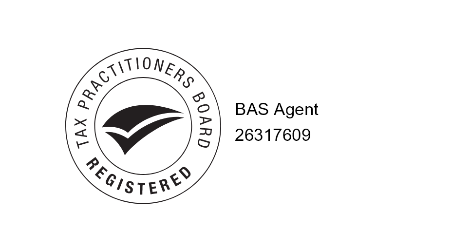 a certification badge with a checkmark logo and the words 'Tax Practitioners Board Registered' in a circle around it, all in black and white