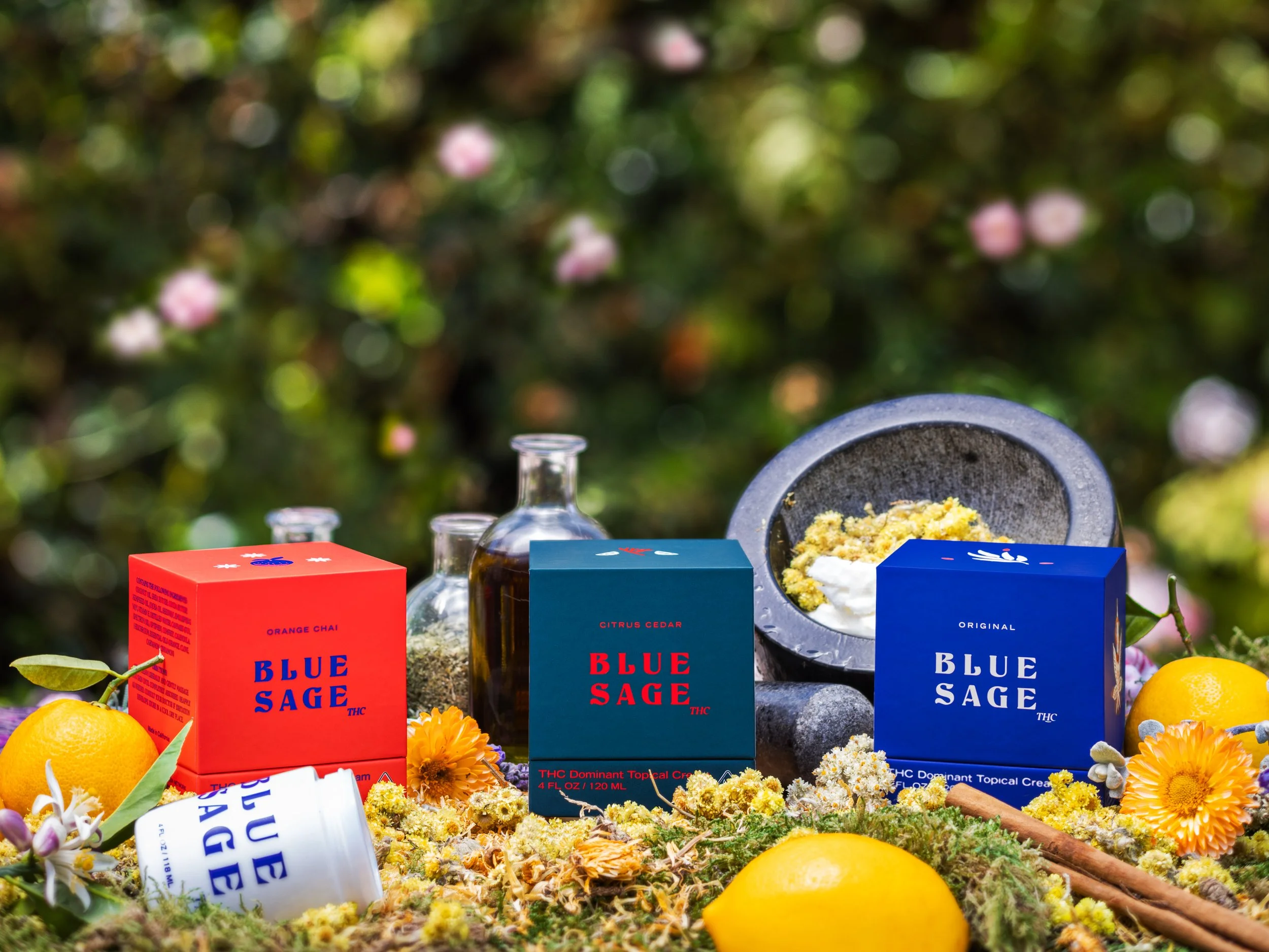 Photo of three Blue Sage THC topical boxes surrounded by dried ingredients