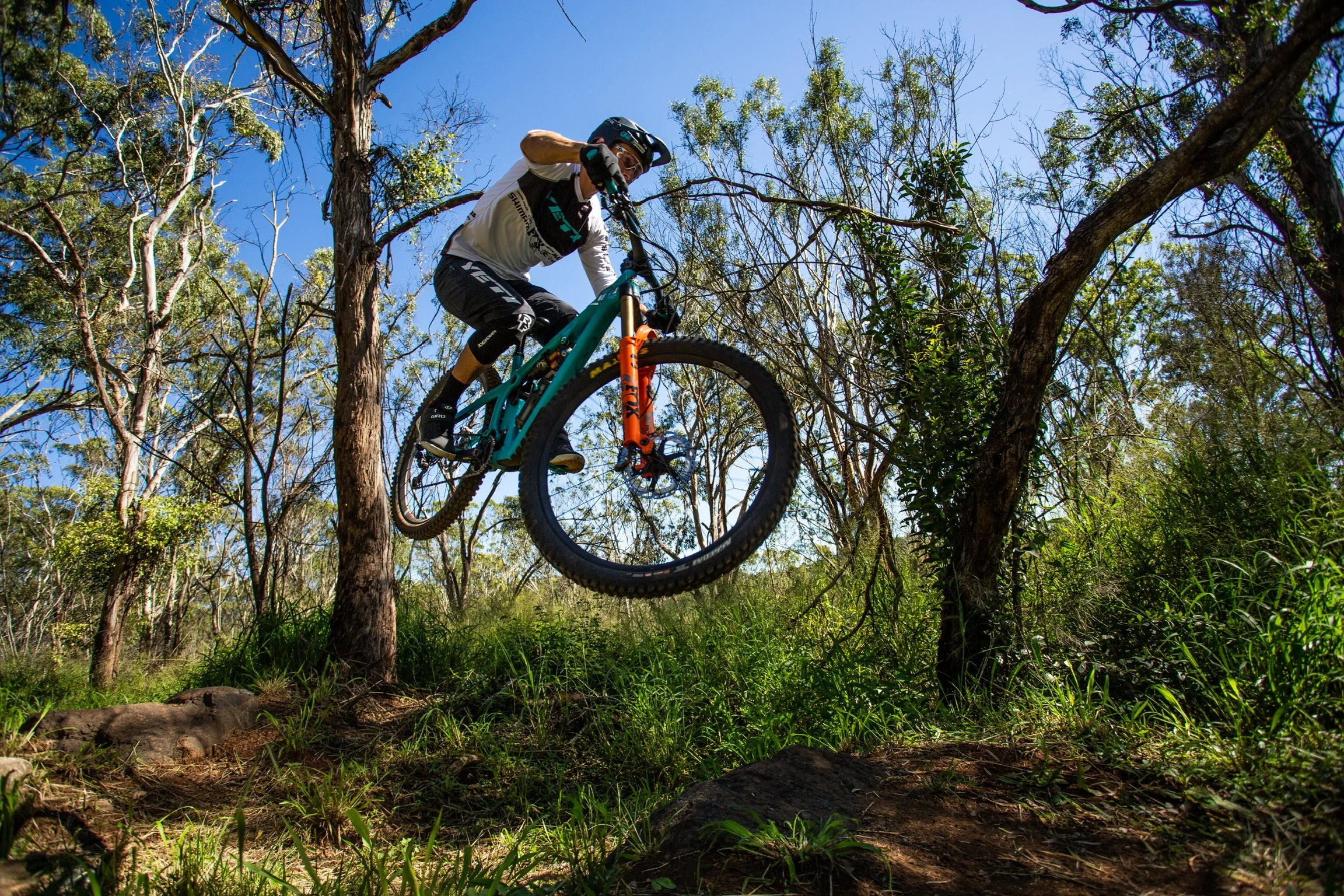 A mountain biker in mid-air jumping over a dirt trail in a wooded Australian bush, wearing a helmet, Yeti Cycles bike and protective gear.