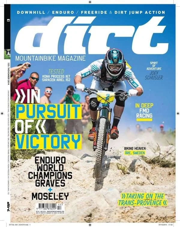 Cover of Dirt Magazine featuring Jared Graves, mountain biking in a white and turquoise jersey and monster helmet riding on rocky trail, with a blue sky background and title text about downhill, enduro, freeride, and dirt jump biking.