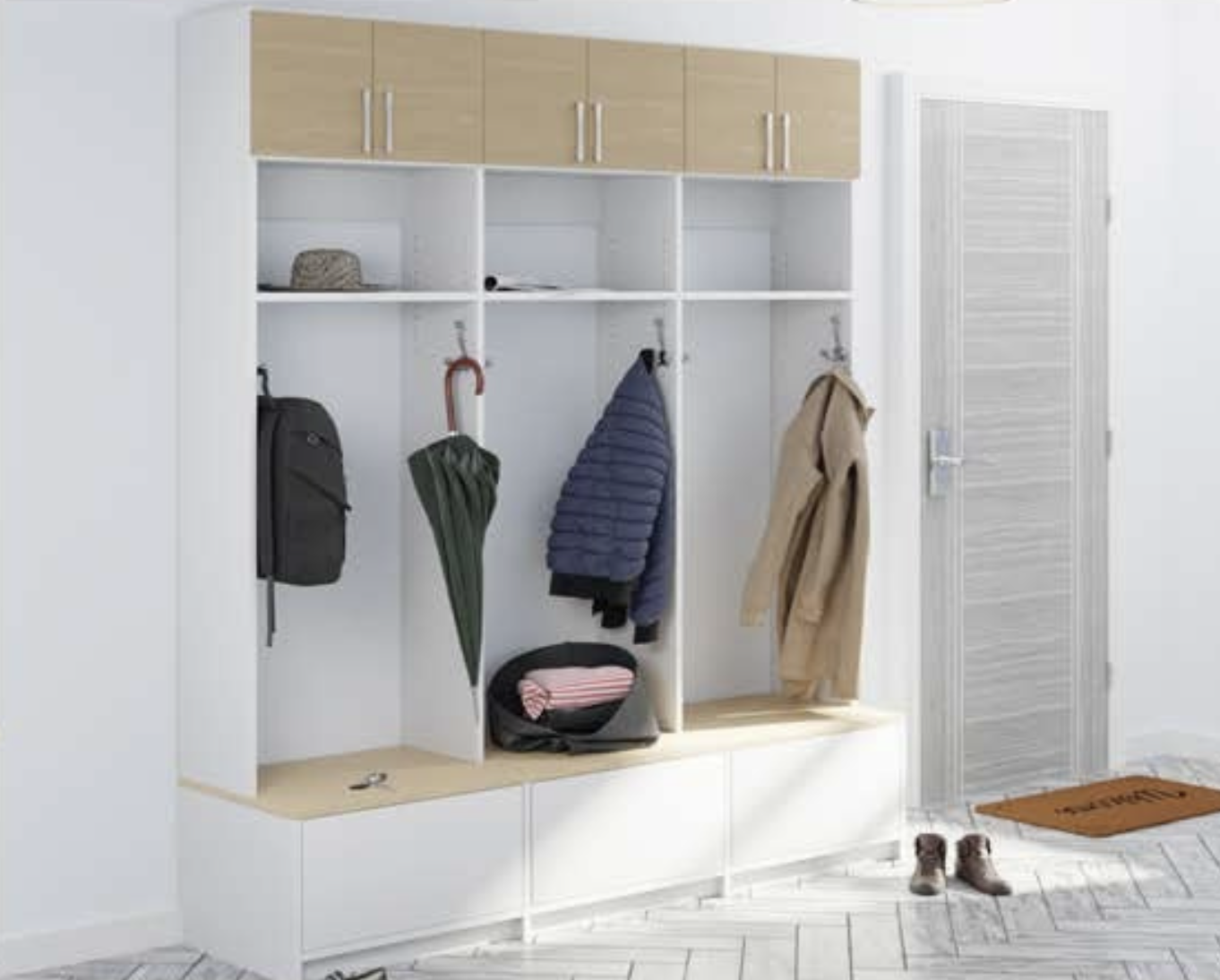Mudroom entryway with a white cubby storage unit holding jackets, umbrellas, a backpack, and small items. A gray door with a shoe mat and a pair of shoes on the floor.