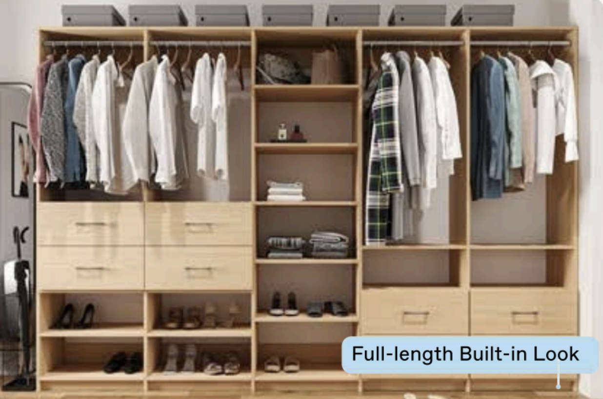 A large wooden floor mounted closet with hanging shirts and pants, open shelves with folded clothes, shoes, and storage boxes, labeled as a full-length built-in look.