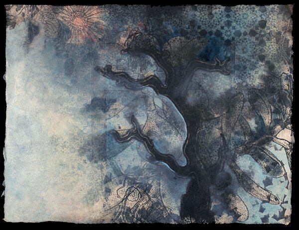 "Midnight Tree", Intaglio, relief, transfer and pigment on kitakata, 12" x 9"