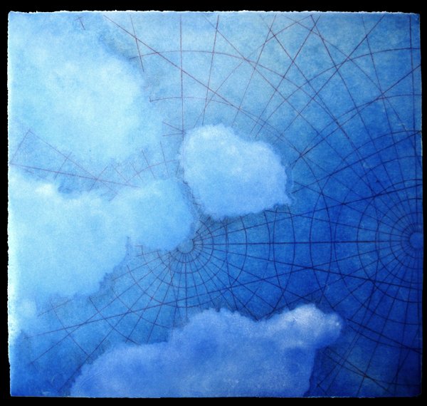 "Star Map IV", Pigment, screen print, chine colle' and paraffin on kozo, 11" x 12"