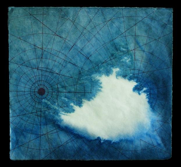 "Star Map VIII", Pigment, screen print, chine colle and paraffin on kozo, 11" x 12"