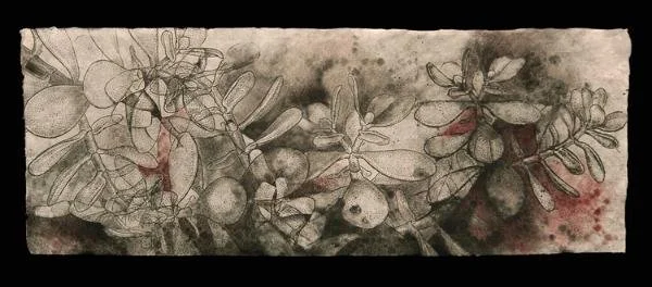 "Kitchen Table Sunrise", Relief, transfer, monoprint, 12.5" x 33.5"