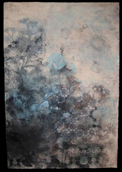 "Delphinium", Relief, transfer and pigment on kozo, 51" x 36"