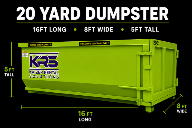 Green 20-yard dumpster with black and white text displaying dimensions and branding for KRS Kaizer Rental Solutions.