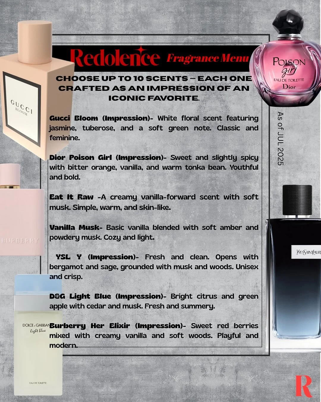 ✨ CHOOSE YOUR SCENTS ✨
Pick up to 10 scents — all inspired by your fav designer perfumes.
From fruity-floral to spicy-sweet, Redolence solid perfumes let you mix & match your mood.
💌 Refillable. Portable. Made to clip to your purse or key