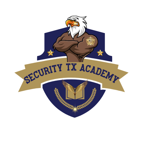 Logo for Security Texas Academy featuring an eagle with crossed arms, shield, stars, and laurel wreath.