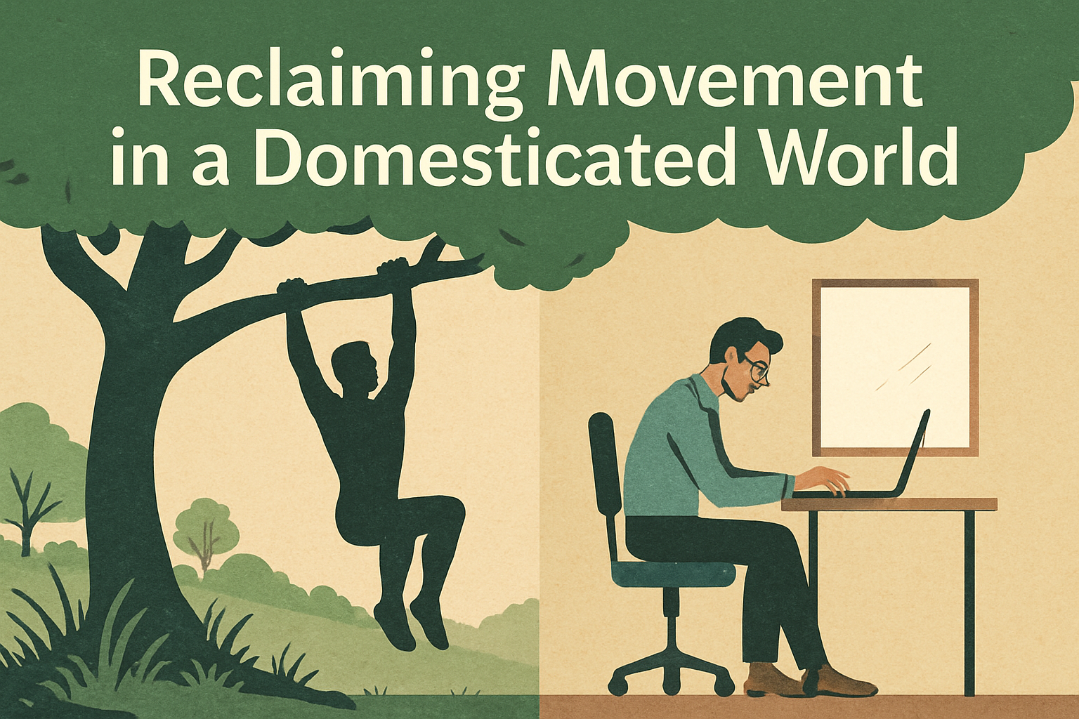 Illustration of wild vs. domesticated movement — modern sitting vs. natural motion