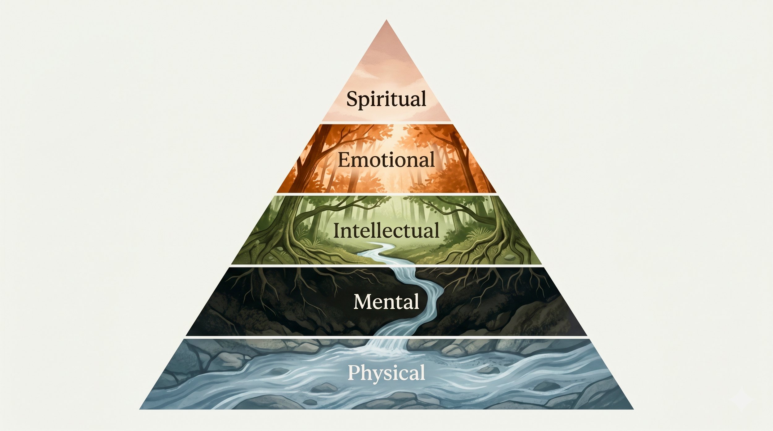 A minimalist pyramid diagram illustrating the five layers of the TAOFit Method framework: Physical, Mental, Intellectual, Emotional, and Spiritual.