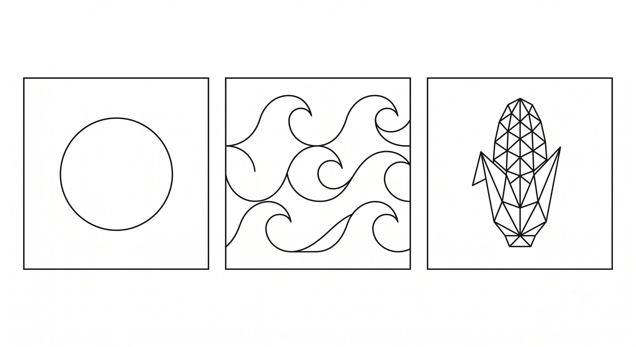 Minimalist geometric icons symbolizing ancient creation myths and consciousness.