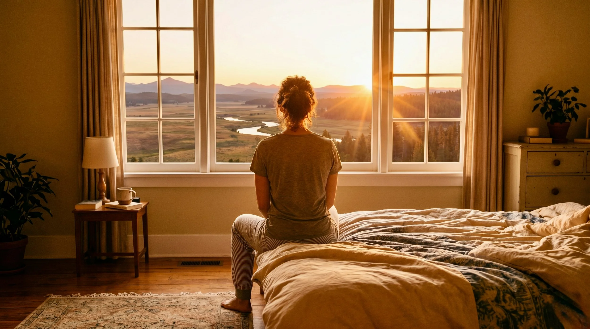 A person sitting on the edge of a bed looking out a window at sunrise, representing the early morning warning signs of system dysregulation and persistent body tension.
