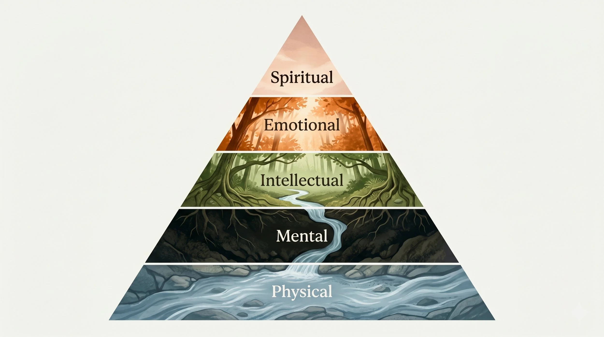 Diagram of the TAOFit Pyramid framework, mapping the 5 layers of human experience from a physical foundation up to a spiritual peak, connected by an autonomic nervous system river.