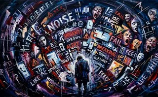 A conceptual digital art piece showing a person standing at the center of a dark, swirling vortex of social media icons, fitness alerts, and chaotic text like 'NOISE' and 'FAIL', representing information overload.