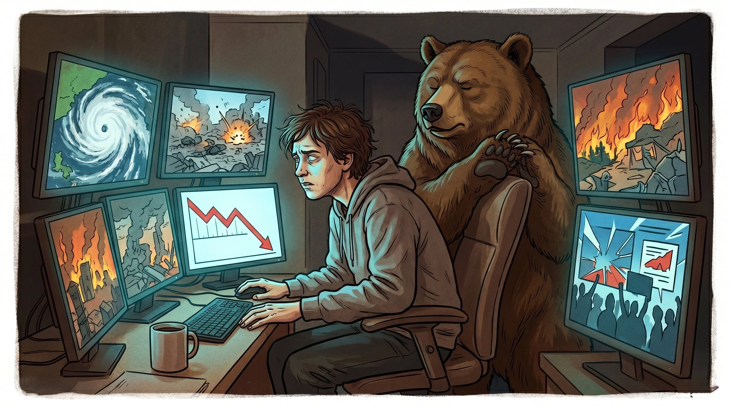 An illustration of a stressed person at a computer with a bear behind them, representing how modern stressors trigger an ancient nervous system survival response and system dysregulation.