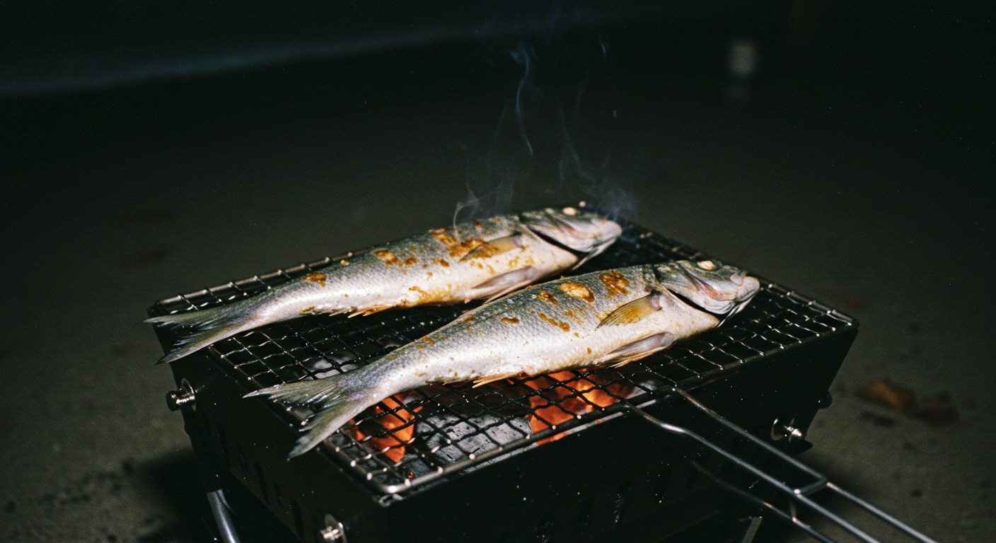 Two whole fish, possibly trout, being grilled on a small portable barbecue, with some smoke rising from them.