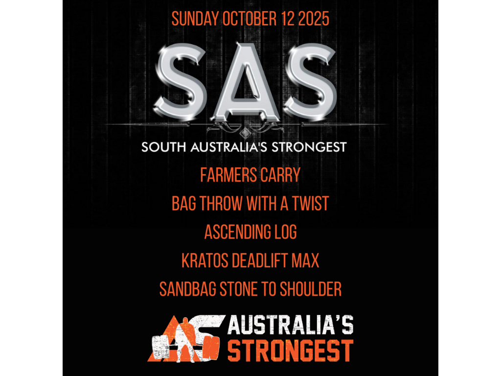 Event poster for Australia's Strongest, happening on Sunday, October 12, 2025. Features the title 'SAS' with a metallic look and includes list of strongman competitions such as farmers carry, bag throw with a twist, ascending log, Kratos deadlift max, and sandbag stone to shoulder. The poster has a dark background with red and white text.