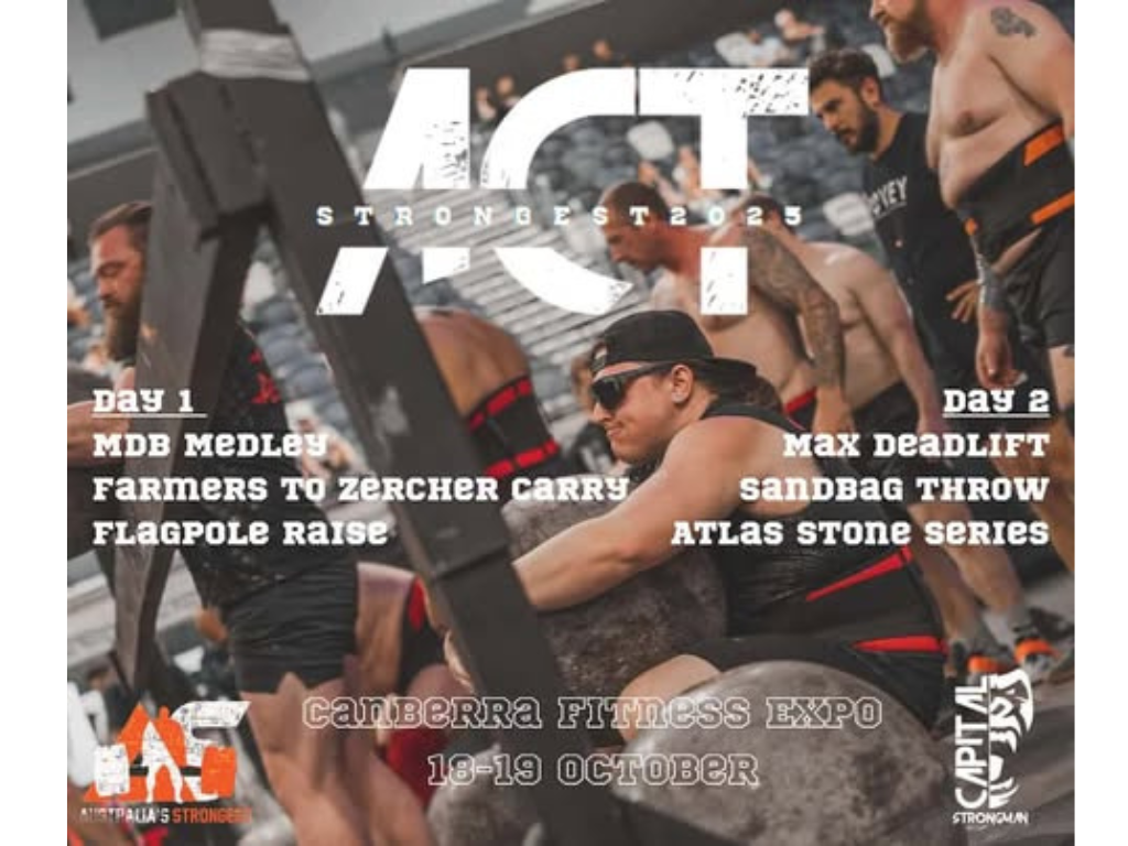 Group of men participating in a fitness expo, with some resting on rocks. Promotional text about the event, date, and activities such as deadlifts and sandbag throws.