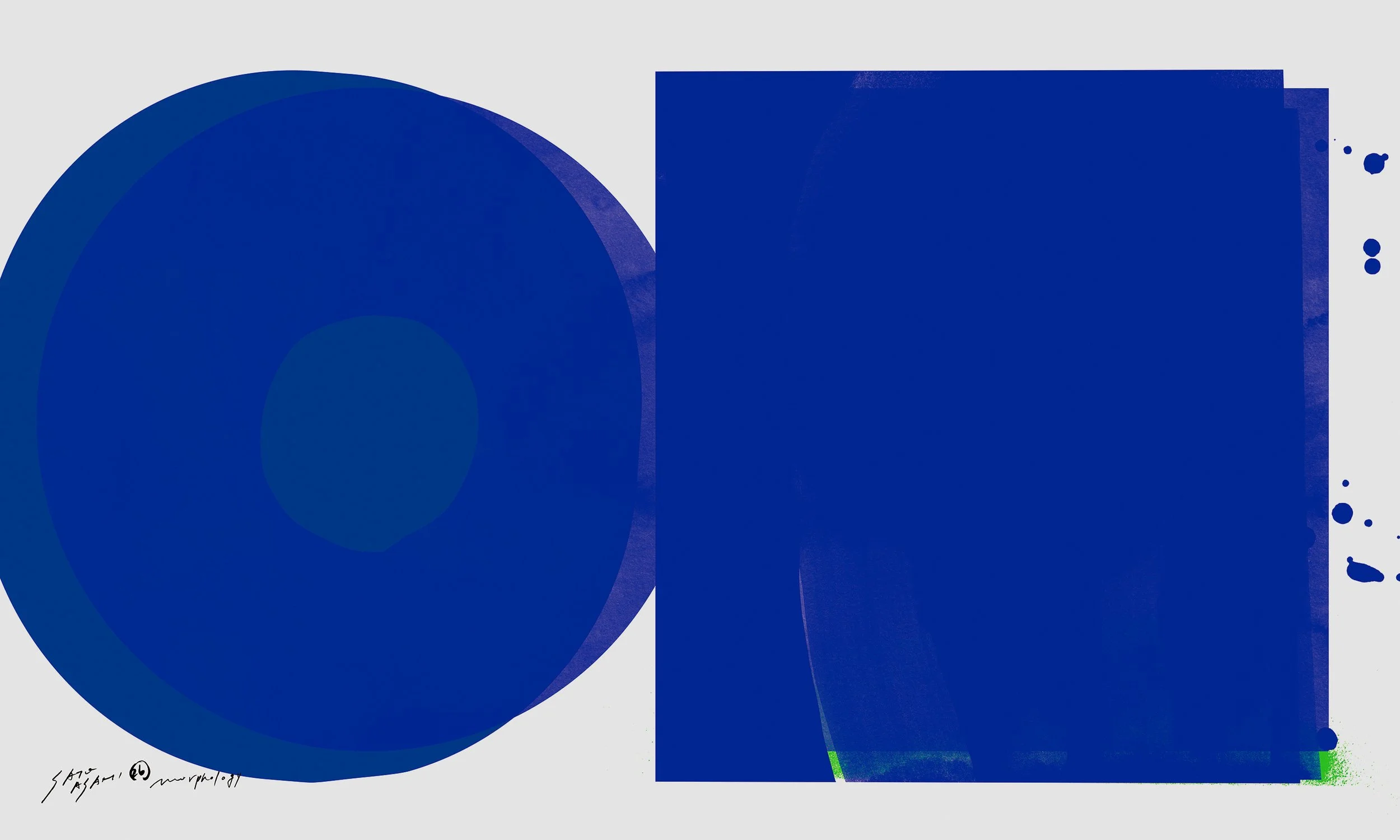 サトウアサミのアートワーク原画。円と四角の幾何学的なモチーフを大胆に配置。インクの深い重なり（レイヤー）が、マットな質感の中に静かで知的な深度を生み出しています。