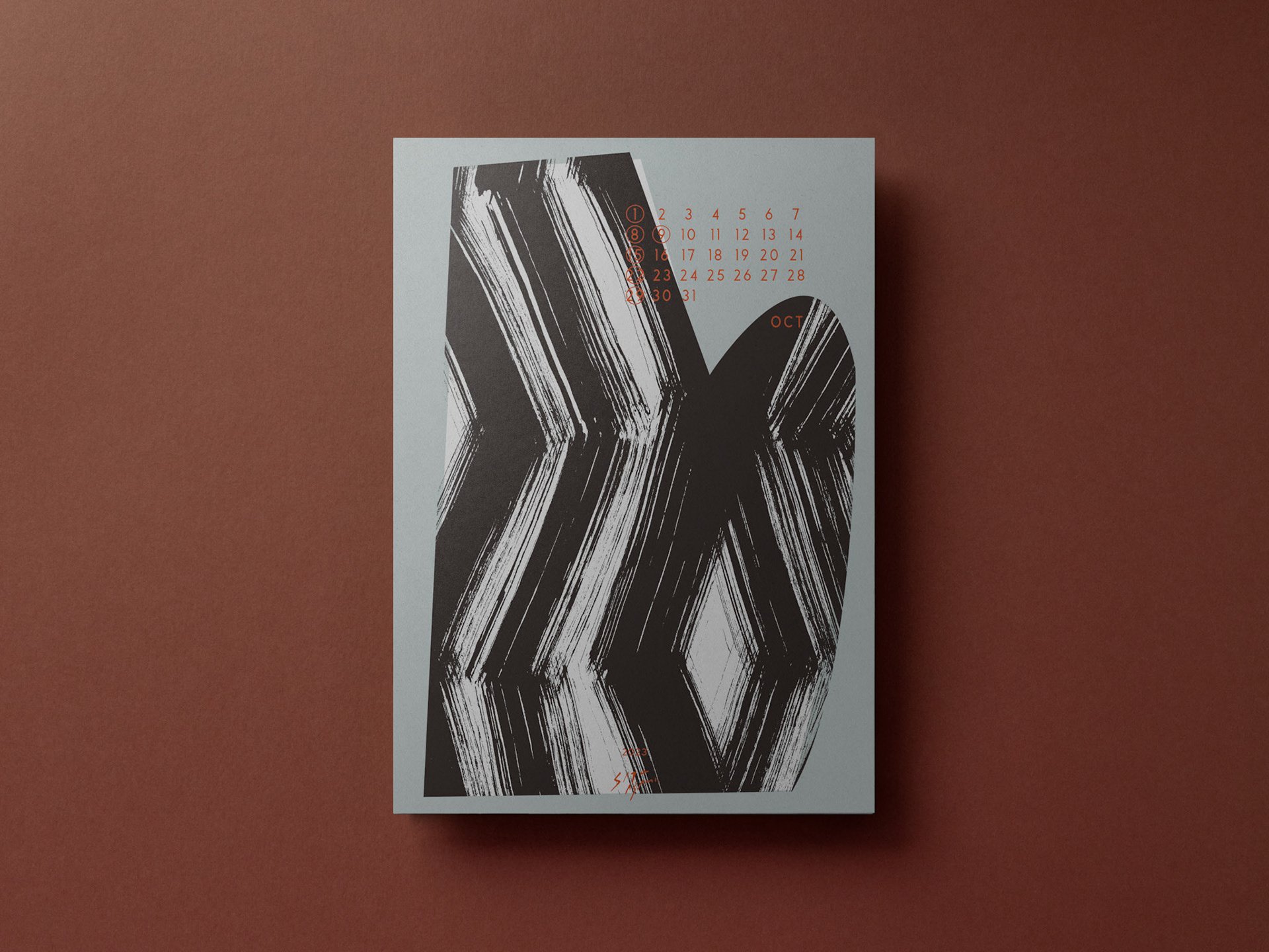 X型の黒い筆致がダイナミックに描かれた、2023年10月のアートカレンダー。Dynamic X-shaped black strokes — Art calendar for October 2023 by Asami Sato.