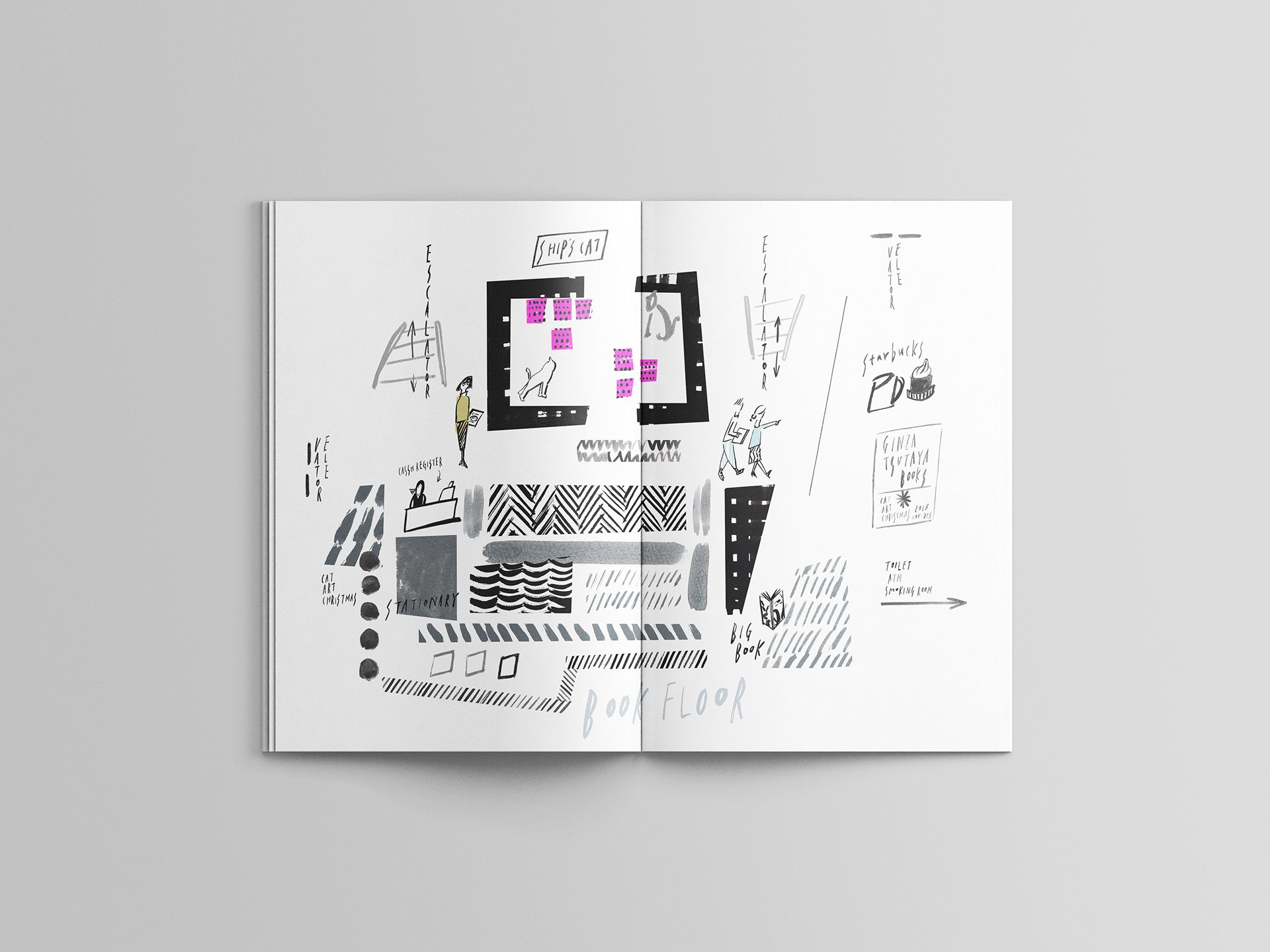銀座 蔦屋書店のクリスマス企画のために制作された手描きフロアマップ。館内の構成や店舗をイラストで表現したビジュアル。Hand-drawn floor map illustration for the Christmas promotion at GINZA TSUTAYA BOOKS, visualizing the store layout and sections in an artistic style.