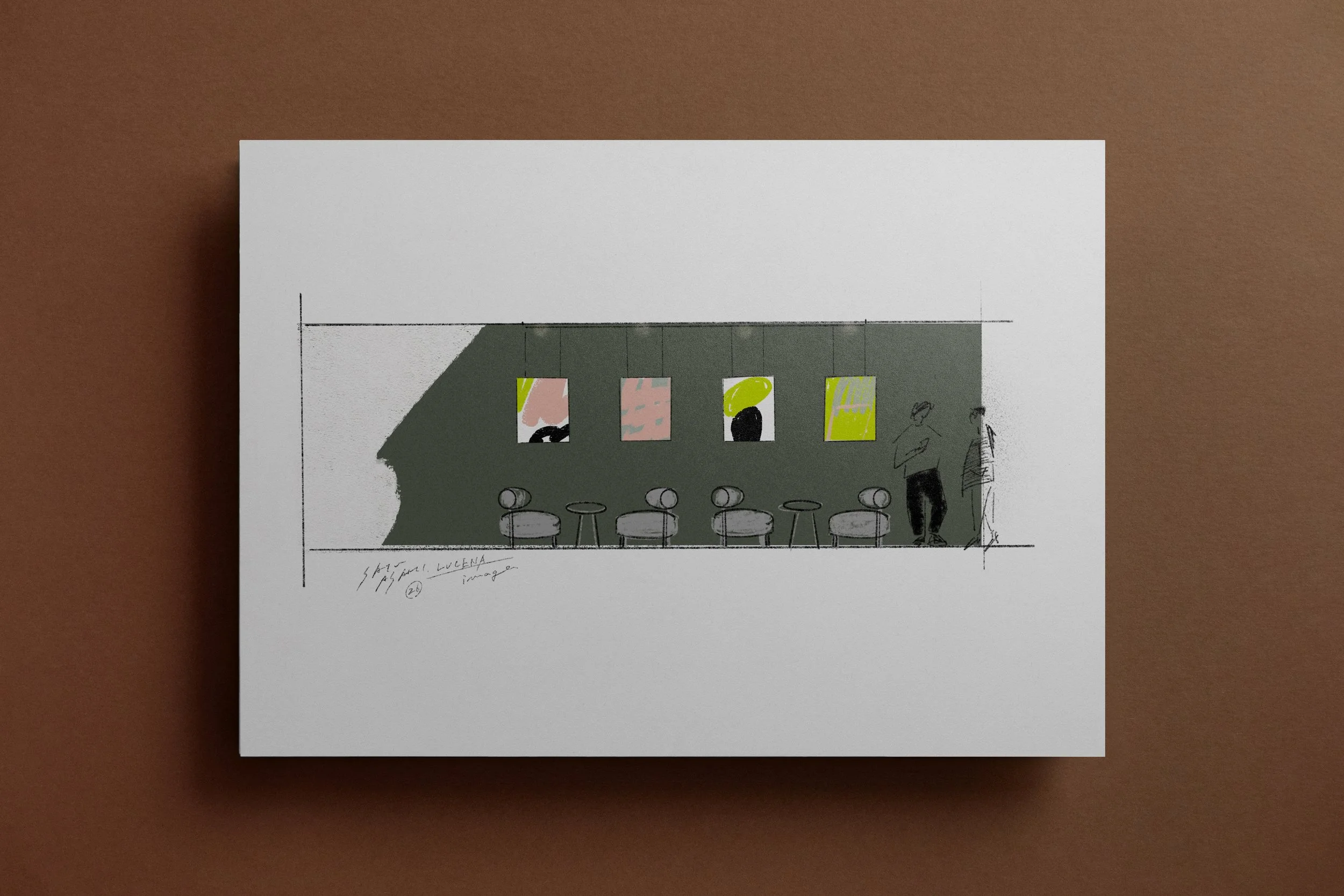 サトウアサミのアートワーク提案図。ピンク、イエロー、ブラックを用いた4枚の縦長パネルを等間隔に配置し、オフィス空間に軽やかな表情を与えるためのデザイン検討用スケッチ。