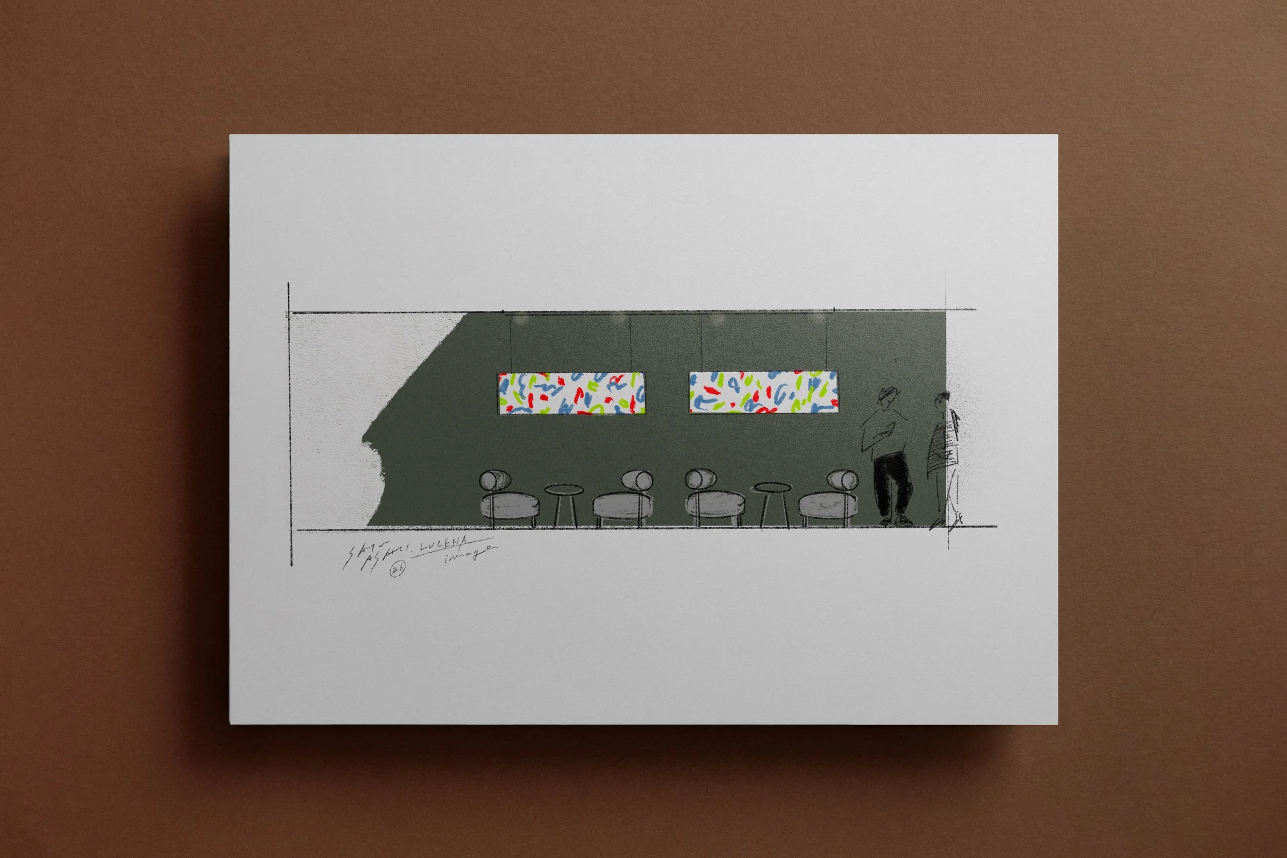 オフィス空間のためのサーフェスデザイン提案スケッチ。赤、黄、青、緑の色彩がリズムよく散りばめられた、横長のアートパネルによる空間演出のシミュレーション。