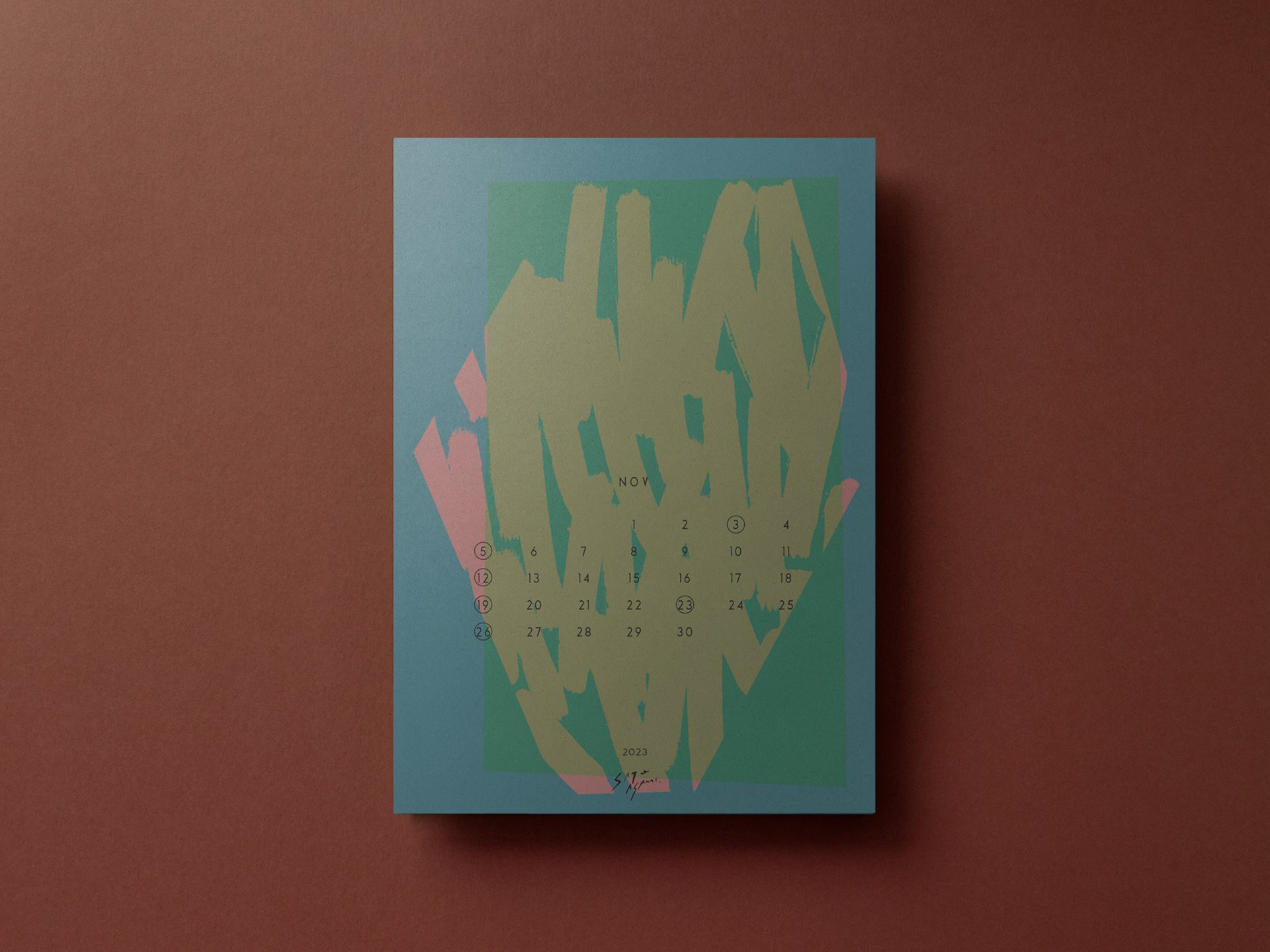 グリーン・ピンク・ブルーの抽象構成が広がる、2023年11月のアートカレンダー。Abstract composition with green, pink, and blue — Art calendar for November 2023 by Asami.