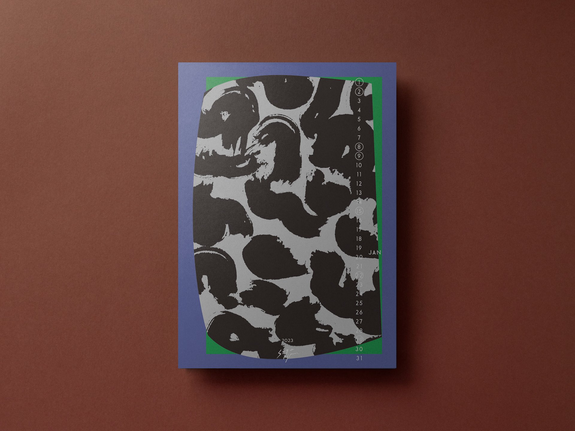 モノトーンの有機的なかたちが印象的な、2023年1月のカレンダーアートワーク。Organic black and white shapes define the abstract composition for January in the 2023 calendar by Asami Sato.