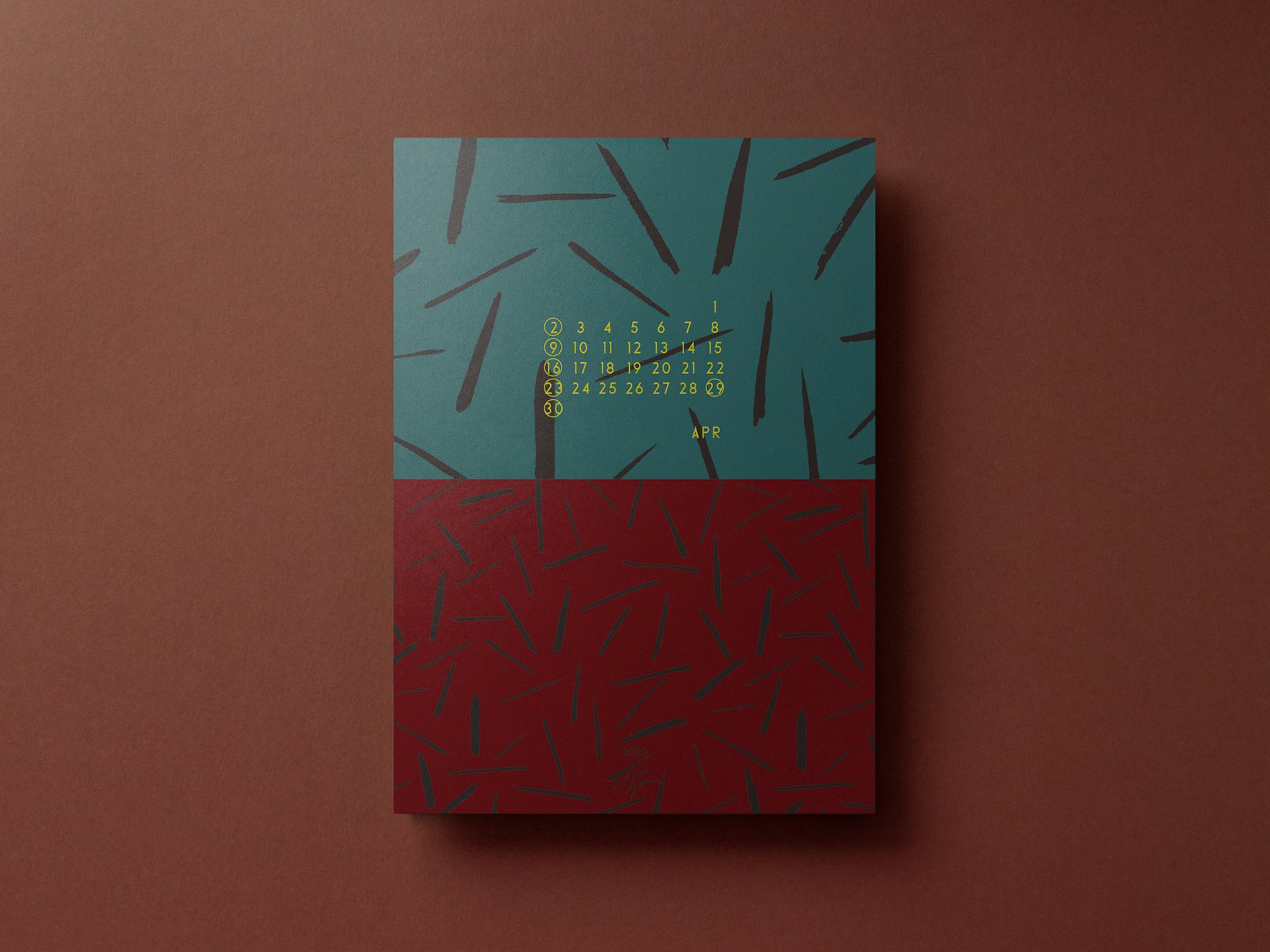 上下で色のトーンが分かれ、線の動きが際立つ4月のアートワーク。April's piece uses contrasting top and bottom tones to highlight energetic strokes in this split-color composition.