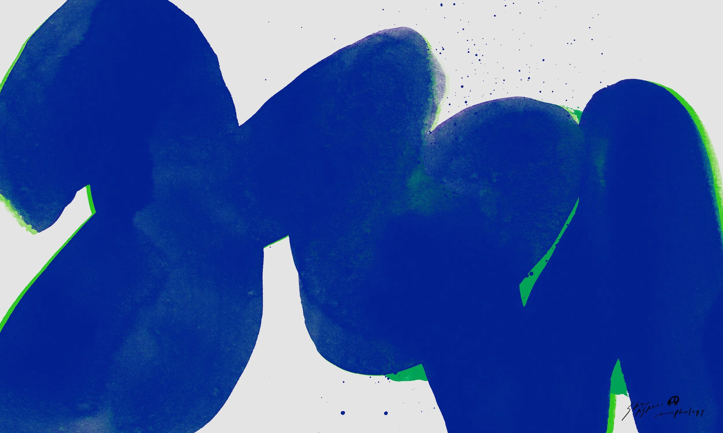 アーティスト・サトウアサミ（SATO ASAMI）によるアートワーク原画。ダイナミックで有機的なブルーの筆致（ストローク）が重なり、端に見える鮮烈なグリーンと飛沫が、作品にライブ感と奥行きを与えています。