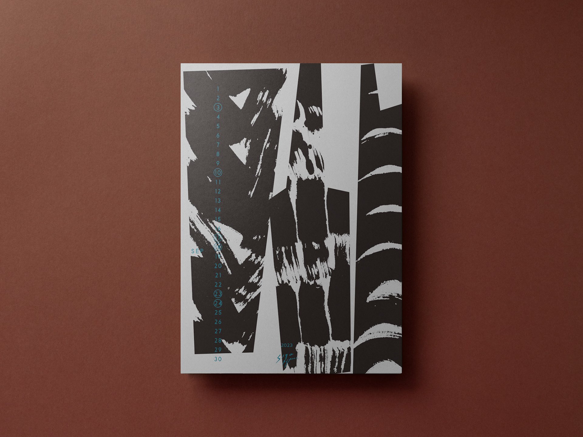 白地に黒の大胆な筆致が広がる、2023年9月のアートカレンダー作品。Bold black brushstrokes on white background — Art calendar for September 2023 by Asami.