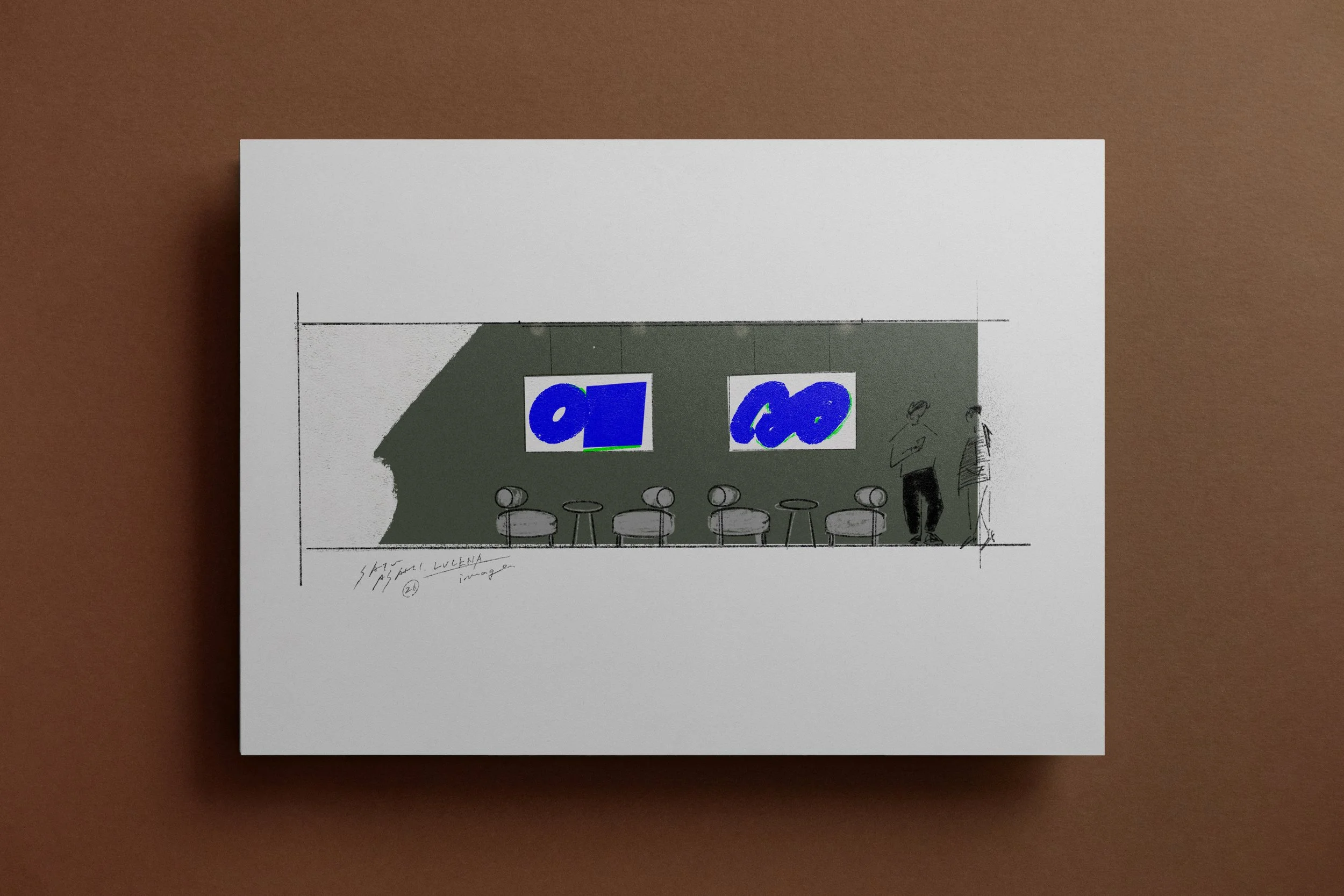 サトウアサミ（SATO ASAMI）によるLUCENAオフィスプロジェクトの初期提案スケッチ。濃緑の壁面に、円と四角の幾何学的な青いモチーフを配置した空間構成案。