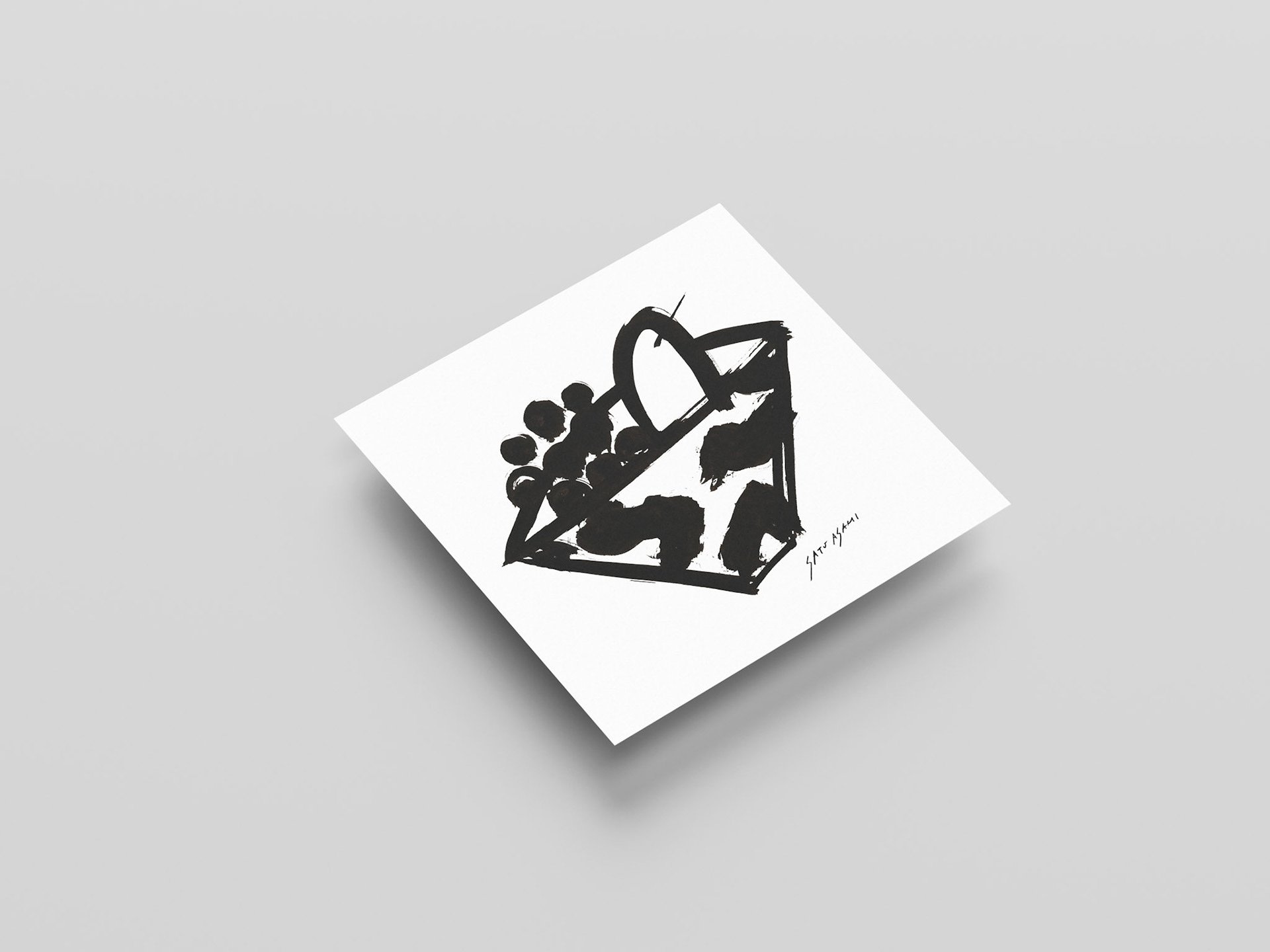 果物を入れたバッグを墨のようなタッチで描いたアートカード。「a good view」シリーズの一点。Art card depicting a fruit-filled bag in expressive ink-style brushwork. Part of the “a good view” series.