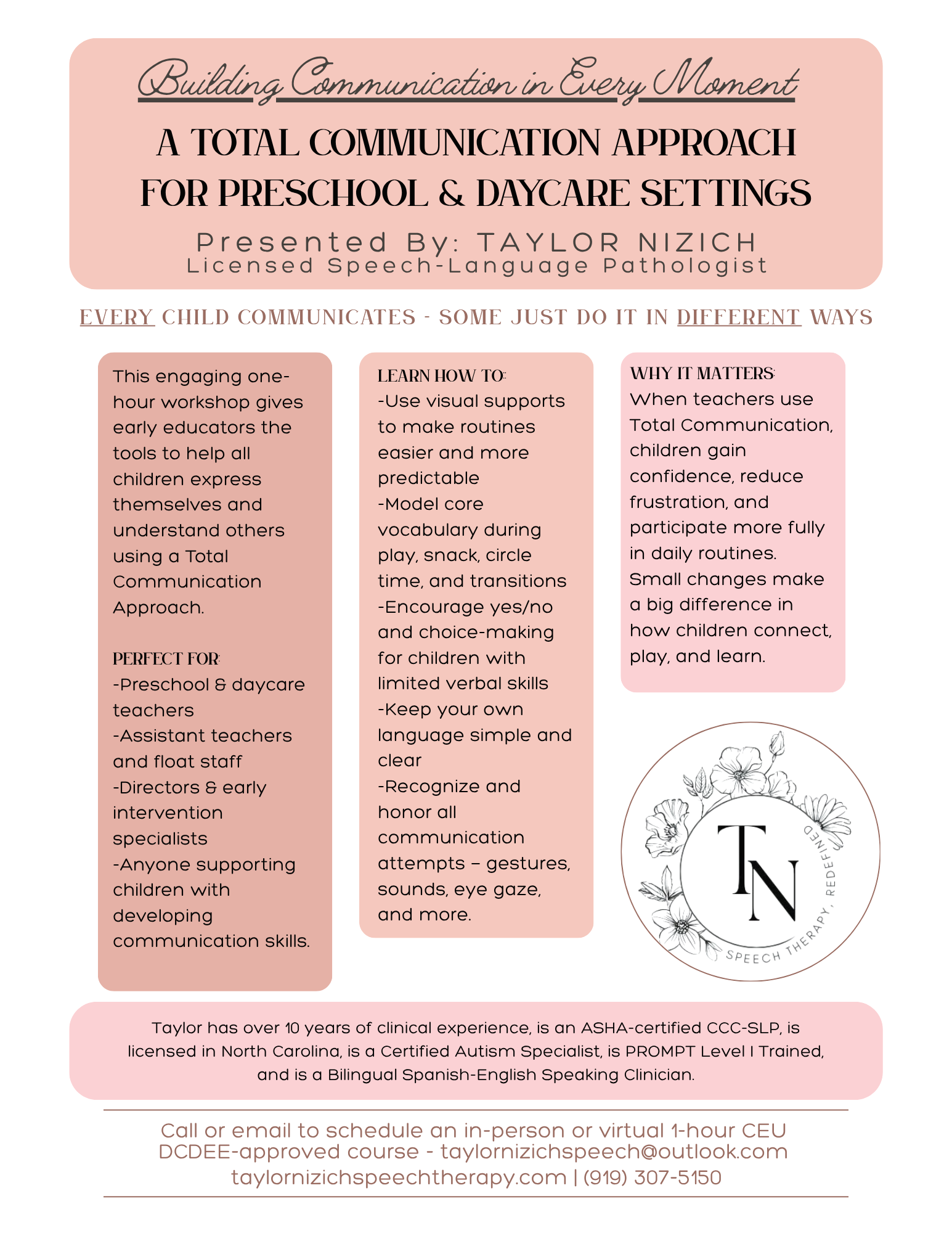 Informational flyer about a communication approach for preschool and daycare settings, emphasizing visual supports, child confidence, and reduced frustration, with details about the presenter and contact information.