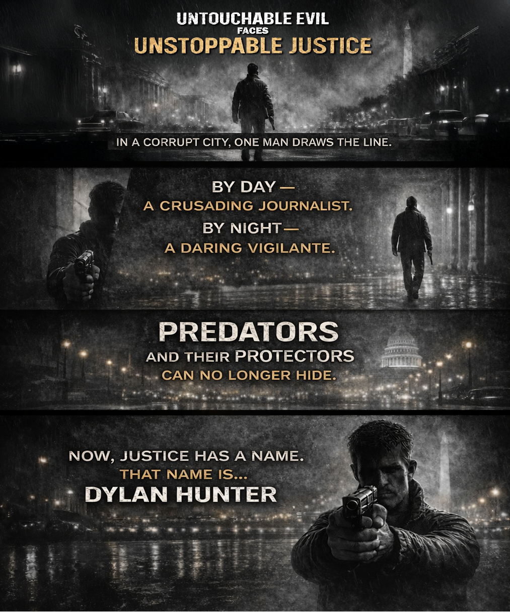 Dark, noir-style promotional poster with silhouetted figures, cityscape, and Capitol building background. Text highlights a vigilante justice theme, featuring a man with a gun and a quote about justice being named Dylan Hunter.