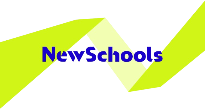 Graphic with the text 'New Schools' in bold blue letters on a yellow and black geometric background.