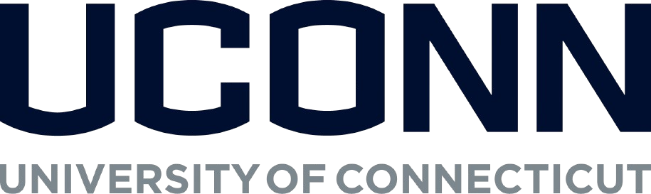 UConn logo with children playing and jumping outdoors in a park